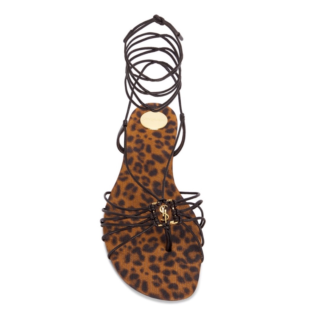 SAINT LAURENT Babylone YSL logo ankle strap leopard sandals - Picture 1 of 6
